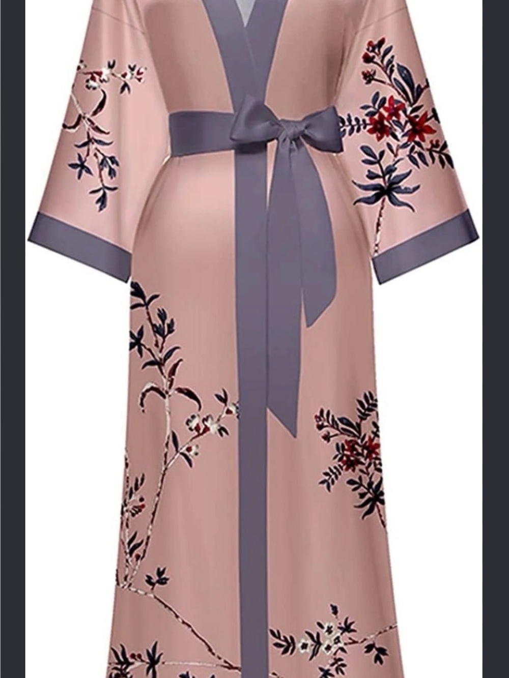 Girls Pink Floral Kimono Dress with Gray Trim